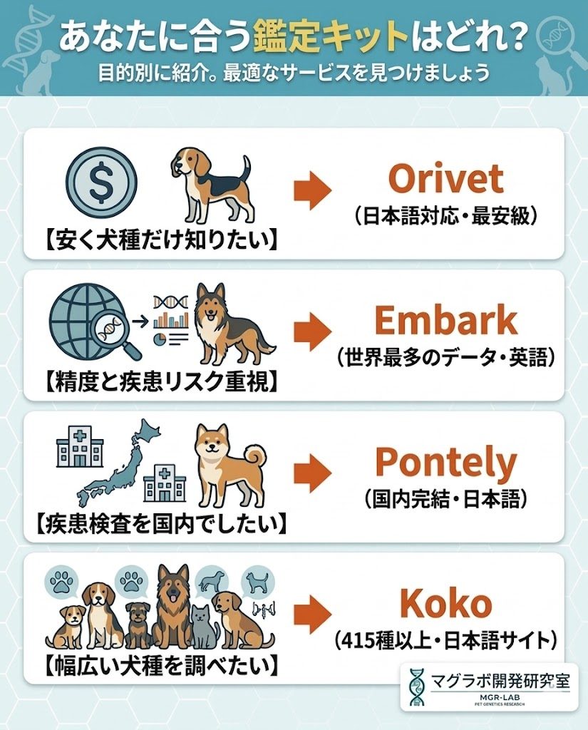 犬のDNA鑑定キット4社の目的別選び方図解。安さのOrivet、精度のEmbark、疾患特化のPontely、犬種数のKoko