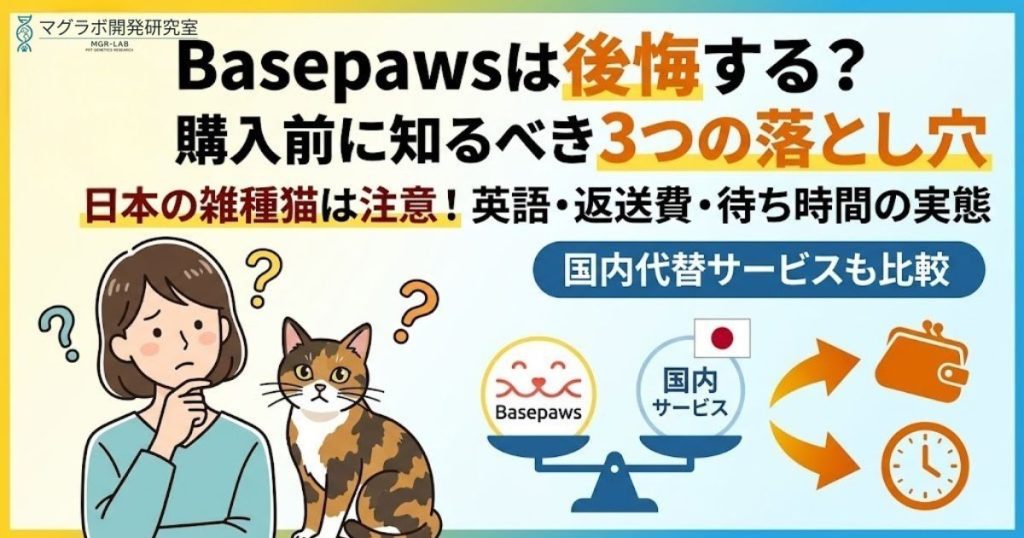 Basepawsの口コミ解説記事アイキャッチ。日本の猫が失敗しやすい3つの落とし穴や、国内サービスとの比較を獣医師監修で解説