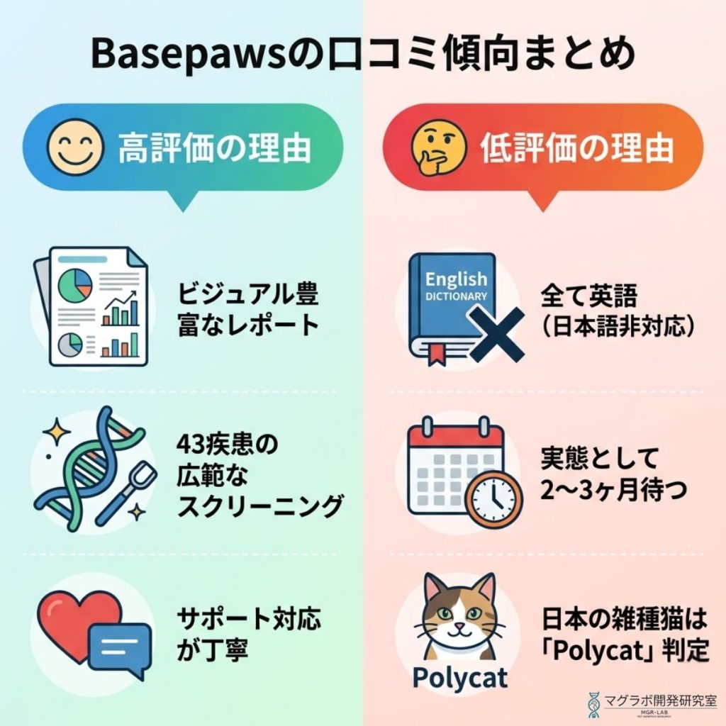 Basepawsの口コミ傾向を図解。レポートの質や疾患スクリーニングが評価される一方、英語のみの対応や待ち時間の長さが低評価の理由となっている