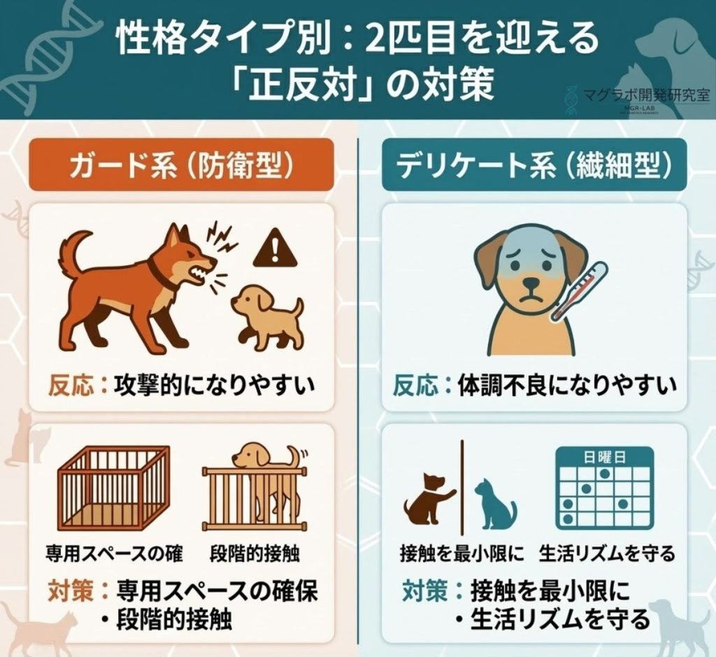 ガード系とデリケート系の先住犬に対する、2匹目導入時の対策の比較図。性格に合わせた異なるアプローチが必要なことを説明。
