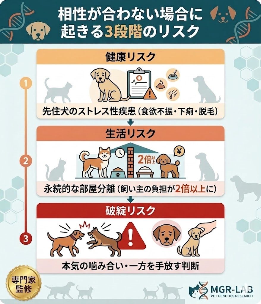 犬同士の相性が合わなかった場合のリスク図解。健康被害、生活空間の分離、手放す判断という3段階の深刻なトラブルを解説。