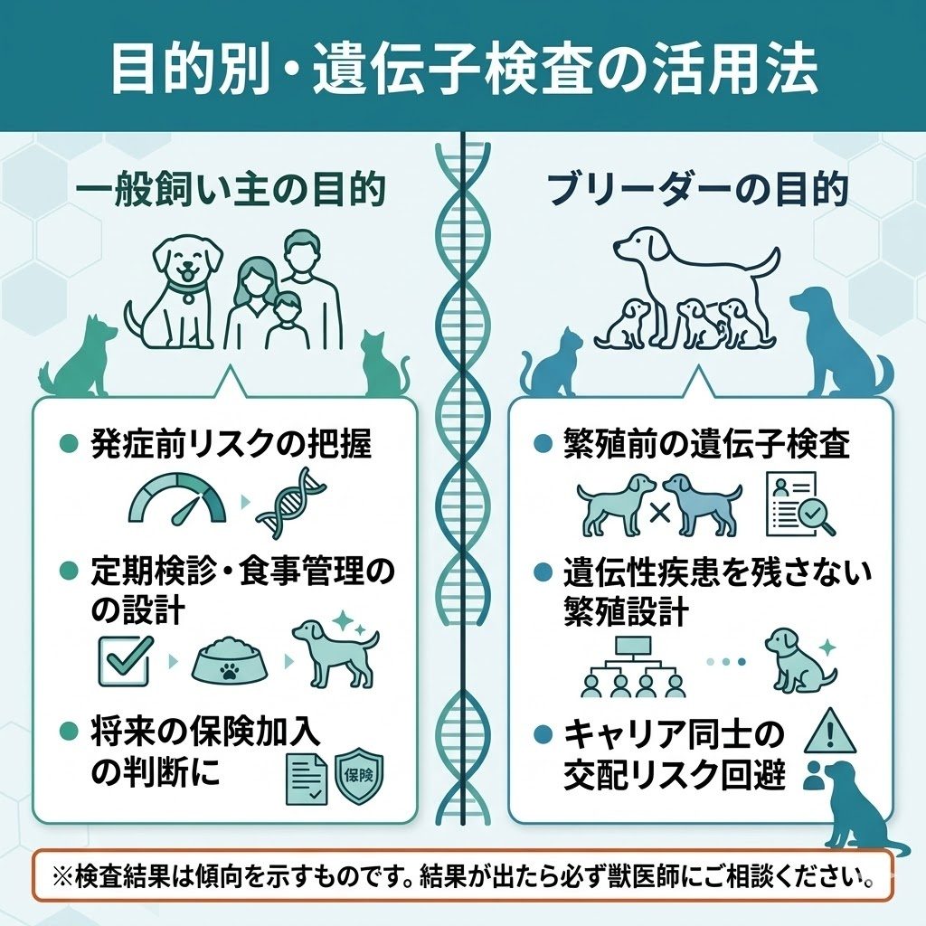 一般飼い主の発症前リスク把握と、ブリーダーの繁殖前検査という2つの活用目的を比較。