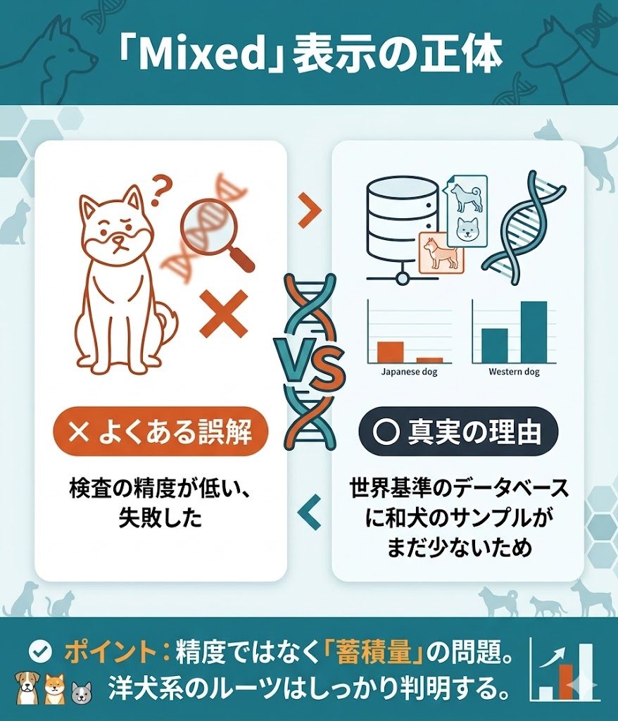 オリベットの和犬Mixed問題の解説図解。精度の低さではなく、世界的な和犬データ蓄積量の不足が原因であることを説明。