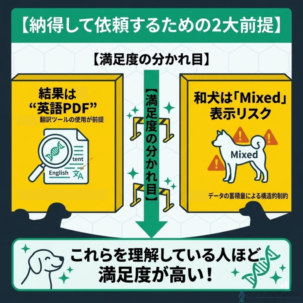 オリベット利用の2大前提。結果が英語PDFであることと、和犬ミックスがMixedと表示されるリスクがあることを説明。