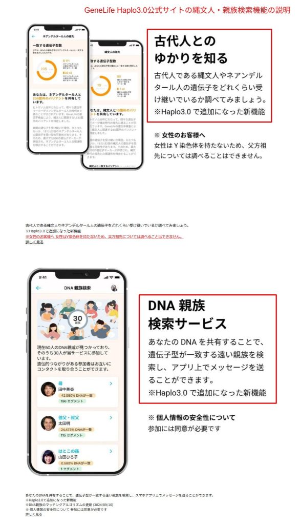 GeneLife Haplo3.0公式サイトの縄文人・親族検索機能の説明（2026年4月時点）