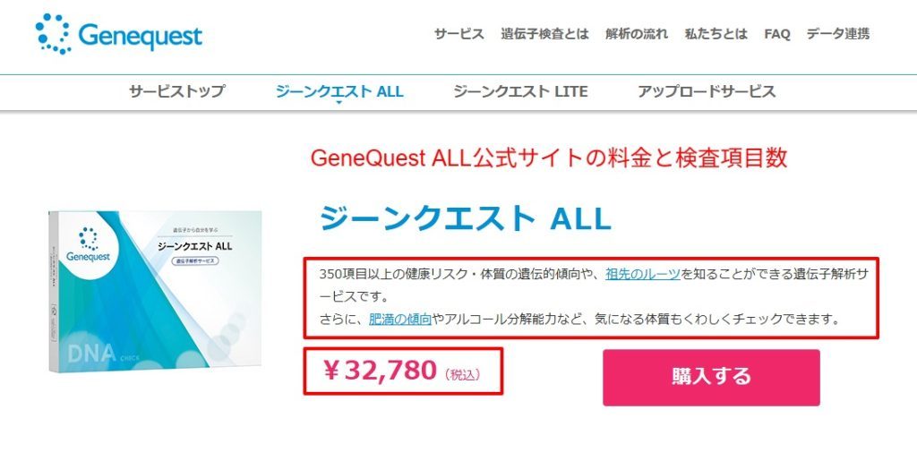 GeneQuest ALL公式サイトの料金と検査項目数（2026年4月時点）