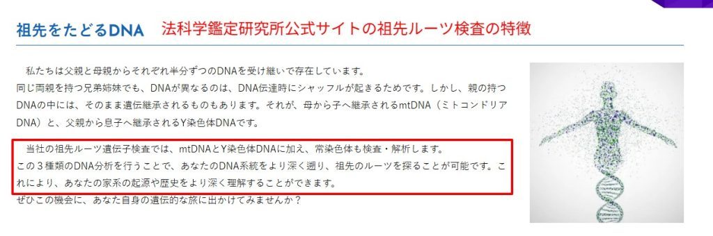法科学鑑定研究所公式サイトの祖先ルーツ検査の特徴（2026年4月時点）